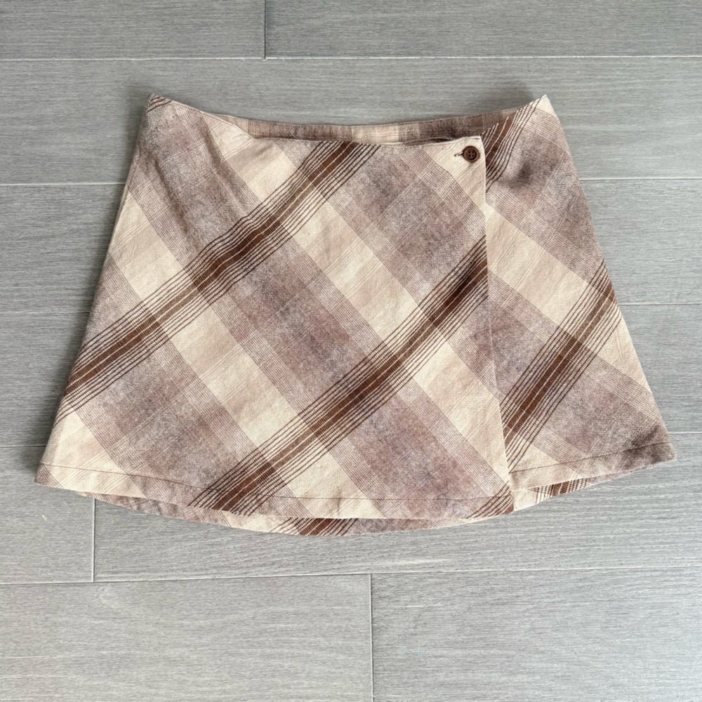 UNIF WITZ SKIRT L Mini Wrap Linen Blend Brown Cream Plaid Academia Schoolgirl - Picture 12 of 14